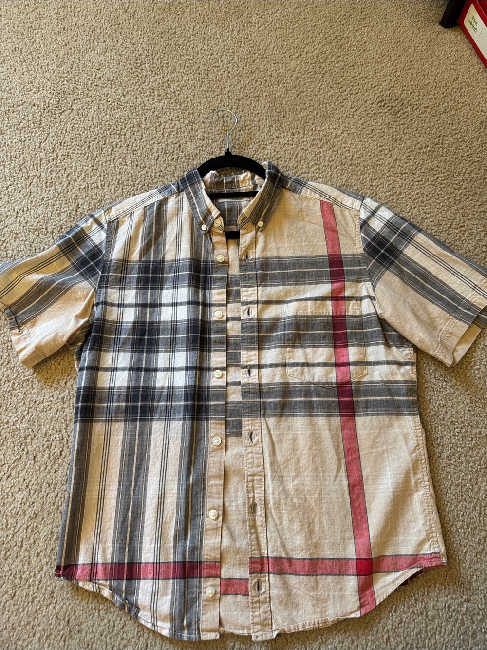 Burberry Britt Beige Plaid Short-Sleeve Button-Down Shirt with Red Stripe